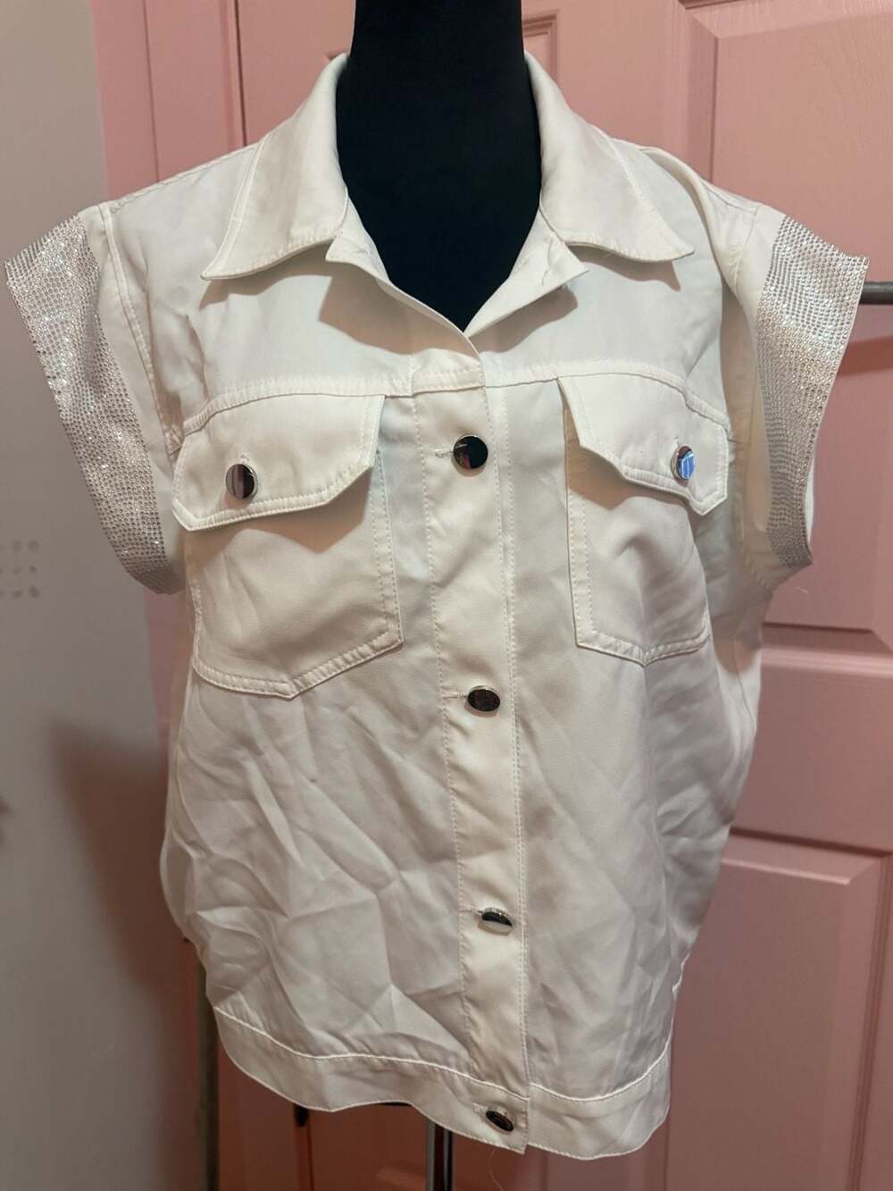 White Rhinestone Embellished Sleeveless Denim Jacket Vest, fit like a Medium